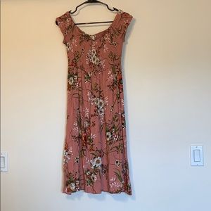 Pink Floral Off-the-shoulder Boho Midi Dress